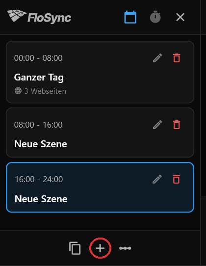 Das Zeitplan-Panel nach zwei Klicks auf das Plus, rot umrandet: Ganzer Tag mit 3 Webseiten, dann zwei Szenen namens Neue Szene ohne Inhalt, je acht Stunden lang