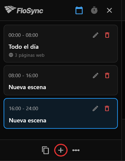 El panel de programación después de dos clics en el signo más, marcado en rojo: Todo el día con 3 páginas web, y luego dos escenas llamadas Nueva escena sin nada dentro, cada una de ocho horas