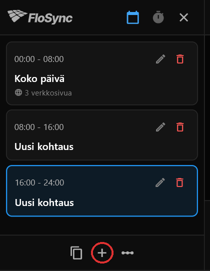 Aikataulupaneeli kahden plus-napsautuksen jälkeen, punaisella ympyröitynä: Koko päivä 3 verkkosivulla, sitten kaksi Uusi kohtaus -nimistä tyhjää kohtausta, kumpikin kahdeksan tunnin mittainen