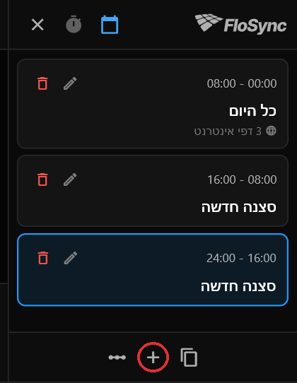 חלונית לוח הזמנים אחרי שתי לחיצות על הפלוס, מסומן באדום: כל היום עם 3 דפי אינטרנט, ואז שתי סצנות בשם סצנה חדשה ללא תוכן, כל אחת באורך שמונה שעות