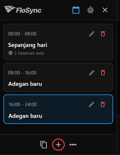 Panel jadwal setelah dua kali klik pada tanda plus, dilingkari merah: Sepanjang hari dengan 3 halaman web, lalu dua scene bernama Adegan baru tanpa isi, masing-masing berdurasi delapan jam