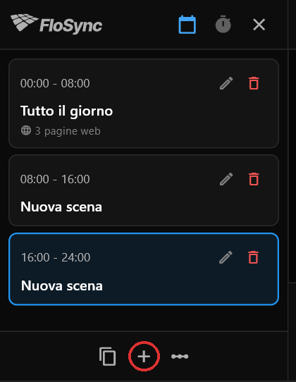 Il Pannello pianificazione dopo due clic sul pulsante più, cerchiato in rosso: Tutto il giorno con 3 pagine web, poi due scene chiamate Nuova scena senza nulla al loro interno, ciascuna lunga otto ore