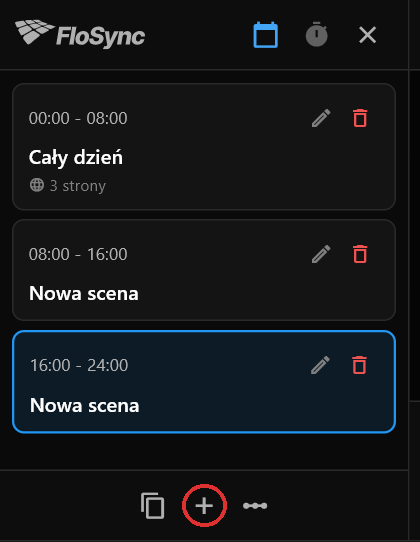 Panel harmonogramu po dwóch kliknięciach plusa, zaznaczonego na czerwono: Cały dzień z 3 stronami internetowymi, a następnie dwie sceny o nazwie Nowa scena bez żadnej treści, każda trwająca osiem godzin