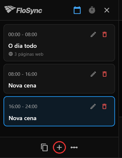 O painel de agendamento depois de dois cliques no mais, circulado em vermelho: O dia todo com 3 páginas web, depois duas cenas chamadas Nova cena sem nada nelas, cada uma com oito horas