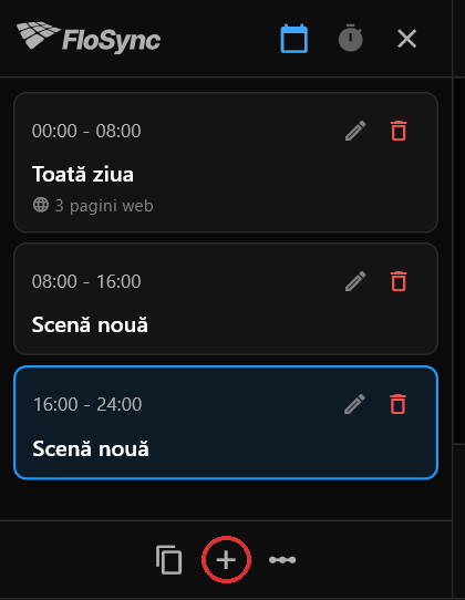 Panoul de programare după două clicuri pe plus, încercuit cu roșu: Toată ziua cu 3 pagini web, apoi două scene numite Scenă nouă fără nimic în ele, fiecare de opt ore