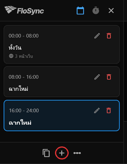 แผงตารางเวลาหลังคลิกเครื่องหมายบวกสองครั้ง วงกลมสีแดงไว้: ทั้งวัน ที่มีหน้าเว็บ 3 หน้า ตามด้วยสองฉากชื่อ ฉากใหม่ ที่ยังไม่มีเนื้อหา แต่ละฉากยาวแปดชั่วโมง