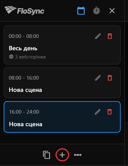 Панель розкладу після двох натискань плюса, обведеного червоним: «Весь день» з 3 вебсторінками, потім дві сцени з назвою «Нова сцена» без вмісту, кожна тривалістю вісім годин