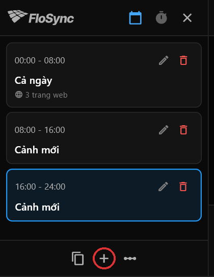 Bảng lịch sau hai lần nhấp vào dấu +, được khoanh đỏ: Cả ngày với 3 trang web, tiếp theo là hai cảnh tên Cảnh mới chưa có gì, mỗi cảnh dài tám giờ