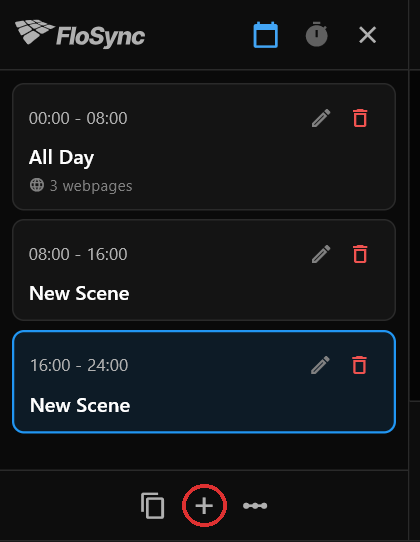The schedule panel after two clicks on the plus, circled in red: All Day with 3 webpages, then two scenes named New Scene with nothing in them, each eight hours long