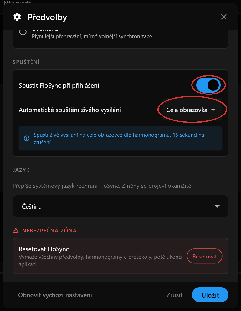 Sekce Spuštění dialogu Předvolby se zapnutým Spustit FloSync při přihlášení a Automatickým spuštěním živého vysílání nastaveným na „Celá obrazovka“
