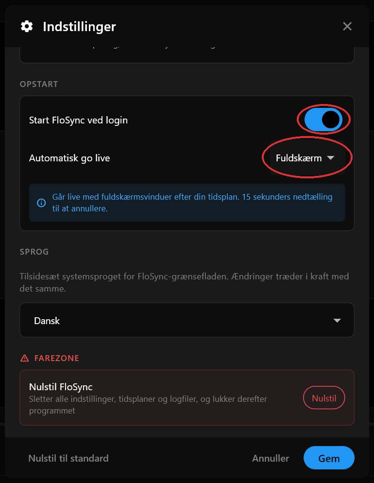 Sektionen Opstart i dialogen Indstillinger med Start FloSync ved login slået til og Automatisk go live sat til Fuldskærm