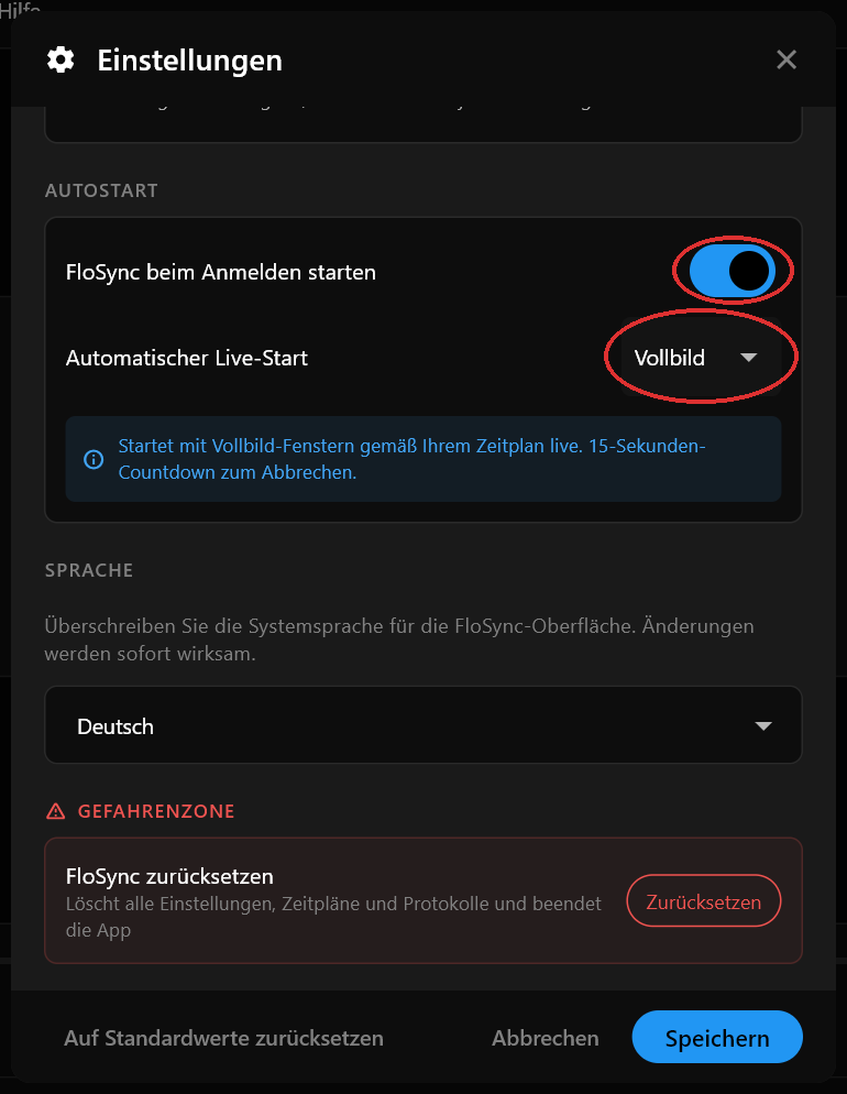 Der Abschnitt Autostart in den Einstellungen mit eingeschaltetem FloSync beim Anmelden starten und Automatischer Live-Start auf Vollbild gestellt