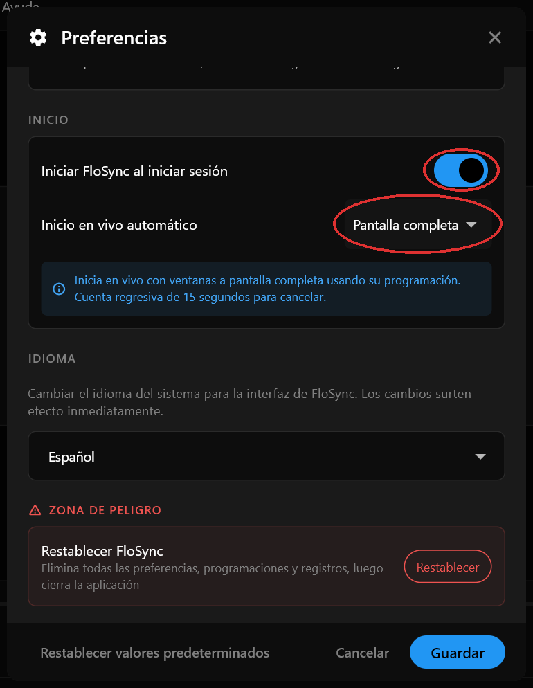 La sección Inicio del cuadro de diálogo Preferencias con Iniciar FloSync al iniciar sesión activado y Inicio en vivo automático puesto en Pantalla completa