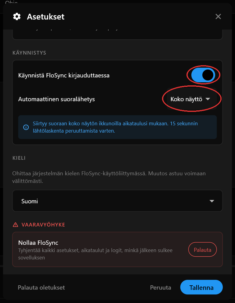 Asetukset-dialogin Käynnistys-osio, jossa Käynnistä FloSync kirjauduttaessa on päällä ja Automaattinen suoralähetys asetettu arvoon Koko näyttö
