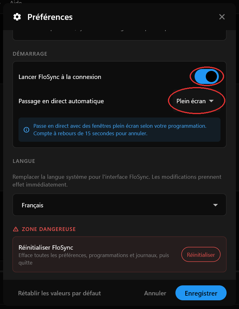 La section Démarrage de la boîte de dialogue Préférences avec Lancer FloSync à la connexion activé et Passage en direct automatique réglé sur Plein écran