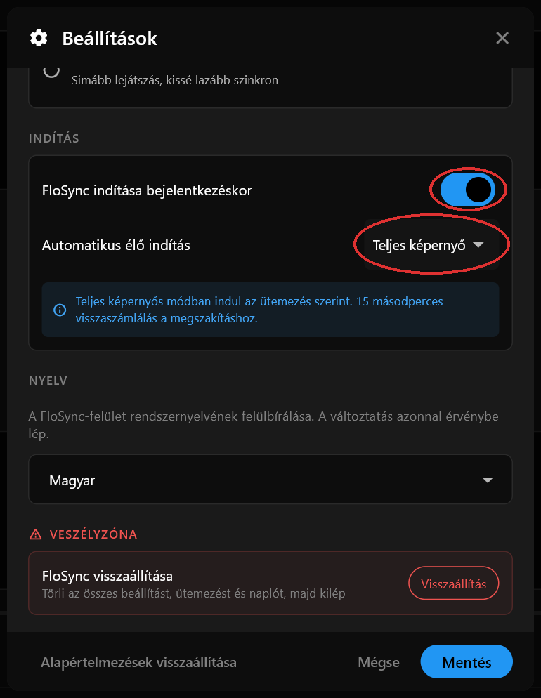 A Beállítások párbeszédablak Indítás szakasza, bekapcsolt FloSync indítása bejelentkezéskor opcióval és Teljes képernyőre állított Automatikus élő indítással