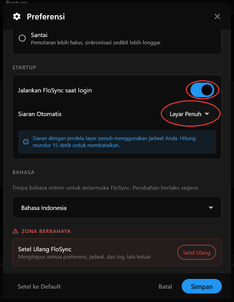 Bagian Startup pada kotak dialog Preferensi dengan Jalankan FloSync saat login diaktifkan dan Siaran Otomatis diatur ke Layar Penuh