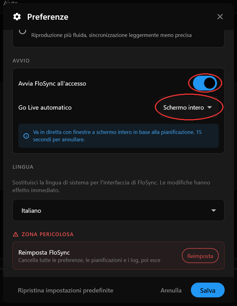 La sezione Avvio della finestra Preferenze con Avvia FloSync all'accesso attivato e Go Live automatico impostato su Schermo intero
