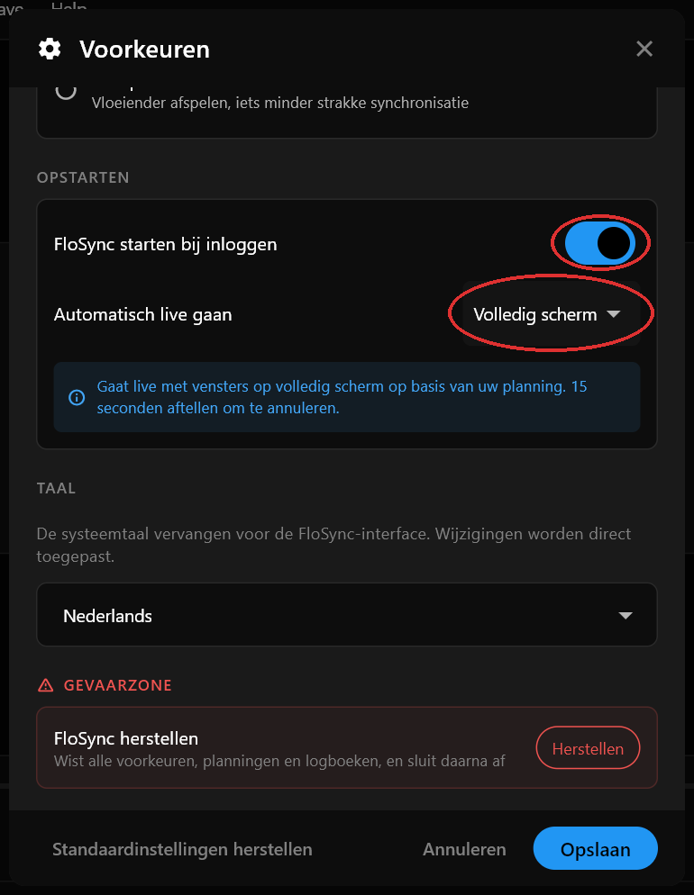 De sectie Opstarten van het dialoogvenster Voorkeuren, met FloSync starten bij inloggen aangezet en Automatisch live gaan ingesteld op Volledig scherm