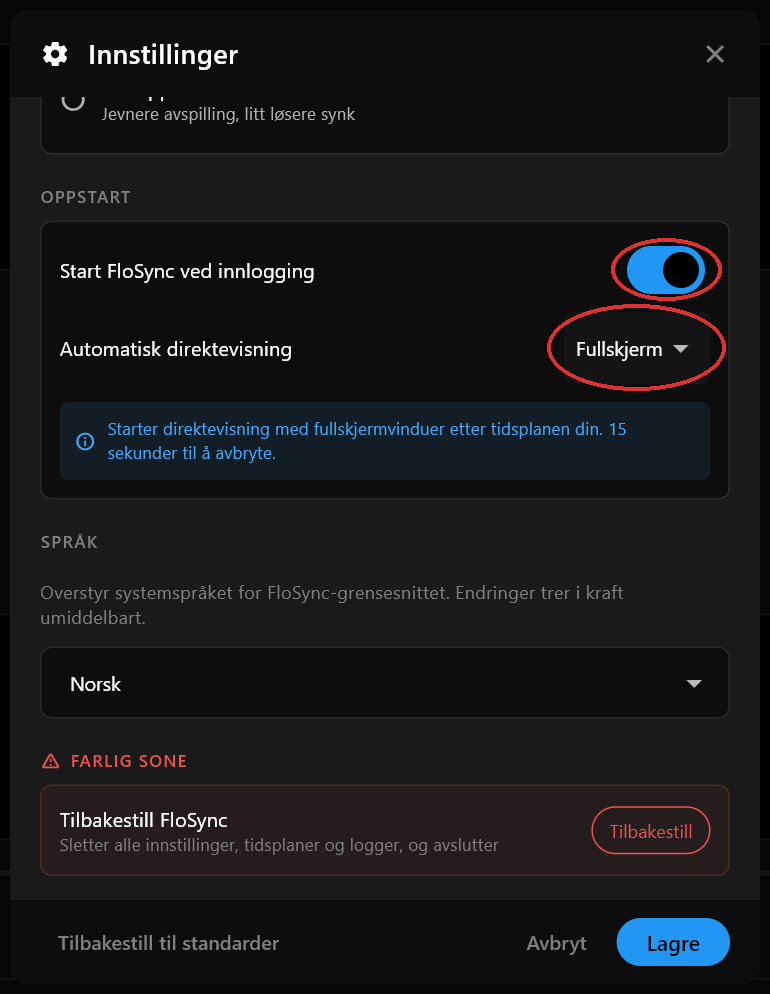Oppstart-seksjonen i dialogboksen Innstillinger med Start FloSync ved innlogging slått på og Automatisk direktevisning satt til Fullskjerm