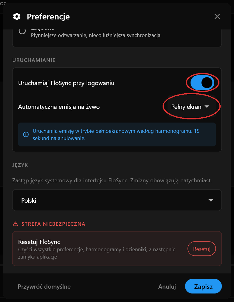 Sekcja Uruchamianie w oknie Preferencje: opcja Uruchamiaj FloSync przy logowaniu włączona, a Automatyczna emisja na żywo ustawiona na Pełny ekran