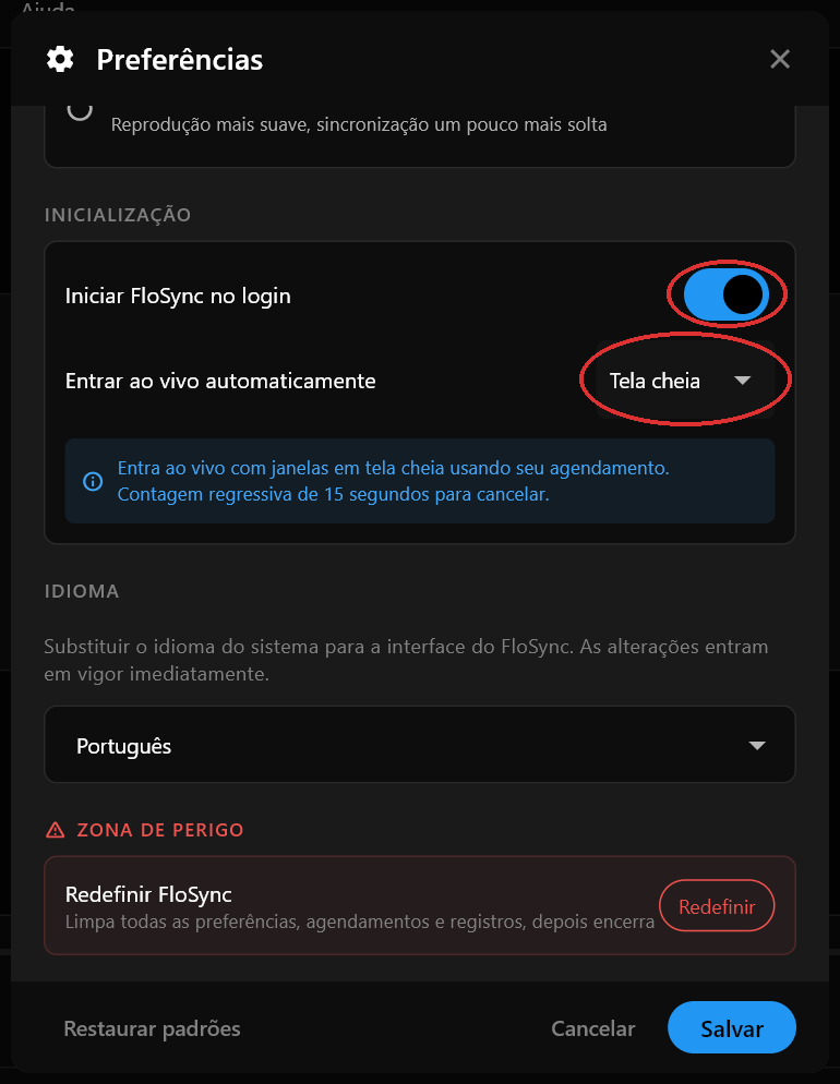 A seção Inicialização do diálogo Preferências com Iniciar FloSync no login ativado e Entrar ao vivo automaticamente definido como Tela cheia