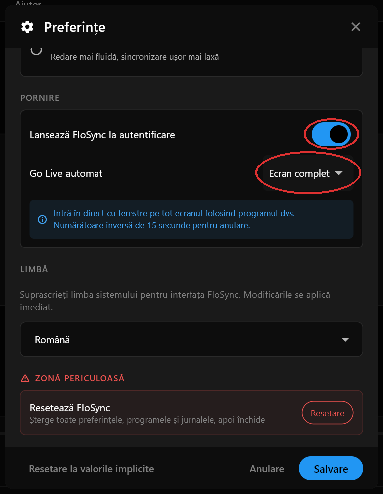 Secțiunea Pornire a dialogului Preferințe cu Lansează FloSync la autentificare activat și Go Live automat setat la Ecran complet