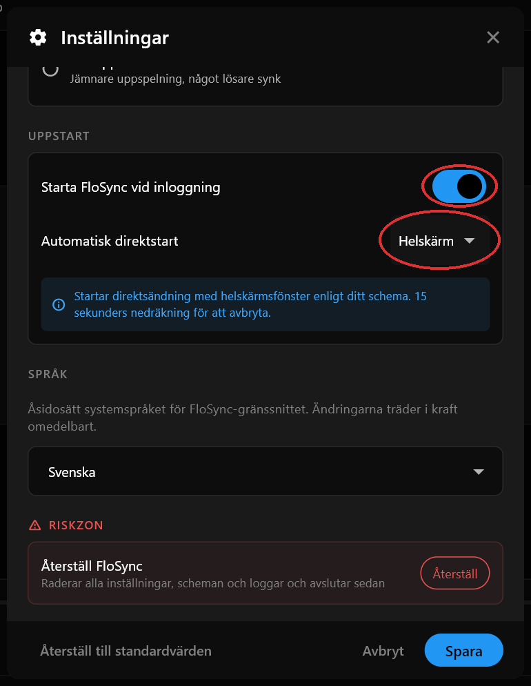 Avsnittet Uppstart i dialogrutan Inställningar med Starta FloSync vid inloggning påslaget och Automatisk direktstart inställt på Helskärm