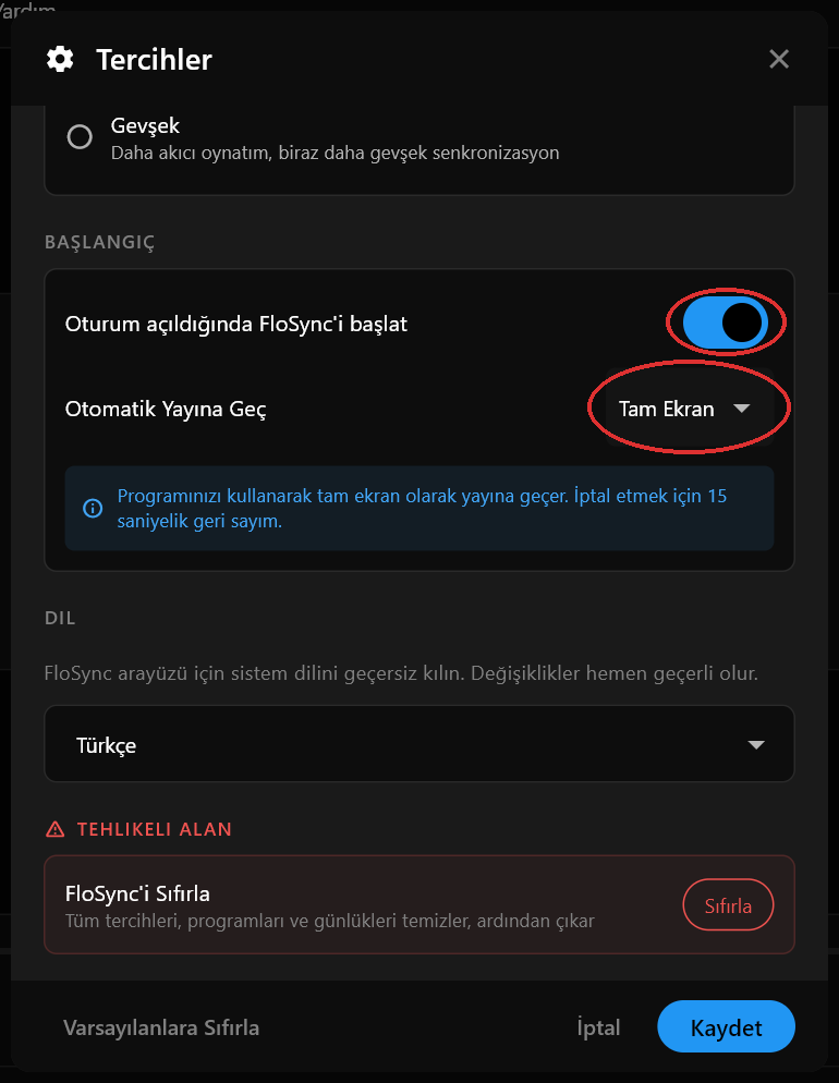 Oturum açıldığında FloSync'i başlat açık ve Otomatik Yayına Geç Tam Ekran olarak ayarlı Tercihler iletişim kutusunun Başlangıç bölümü