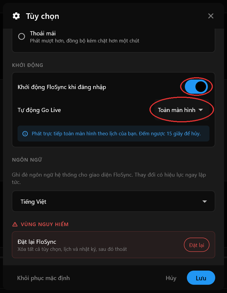 Mục Khởi động trong hộp thoại Tùy chọn với Khởi động FloSync khi đăng nhập đã bật và Tự động Go Live đặt thành Toàn màn hình