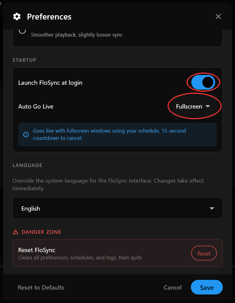 The Preferences dialog's Startup section with Launch FloSync at login turned on and Auto Go Live set to Fullscreen
