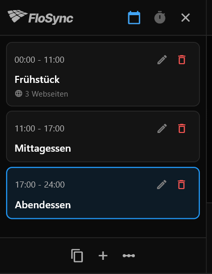 Das Zeitplan-Panel im Tageszeit-Modus mit den Szenen Frühstück, Mittagessen und Abendessen und ihren Zeiten