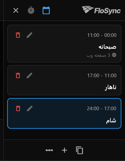پانل زمان‌بندی در حالت زمان روز که صحنه‌های صبحانه، ناهار و شام و ساعت‌هایشان را نشان می‌دهد