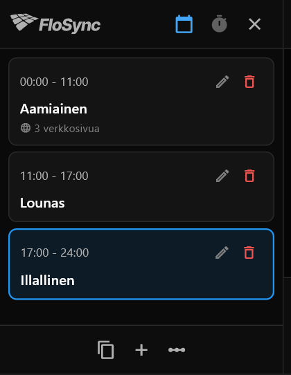 Aikataulupaneeli Kellonaika-tilassa, jossa näkyvät Aamiainen-, Lounas- ja Illallinen-kohtaukset sekä niiden ajat
