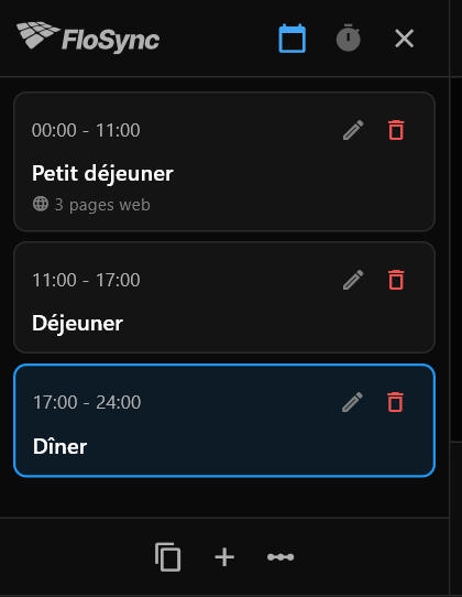 Le panneau de programmation en mode horaire montrant les scènes Petit déjeuner, Déjeuner et Dîner et leurs horaires