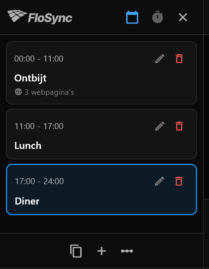 Het planningspaneel in Tijdstip-modus met de scènes Ontbijt, Lunch en Diner en hun tijden