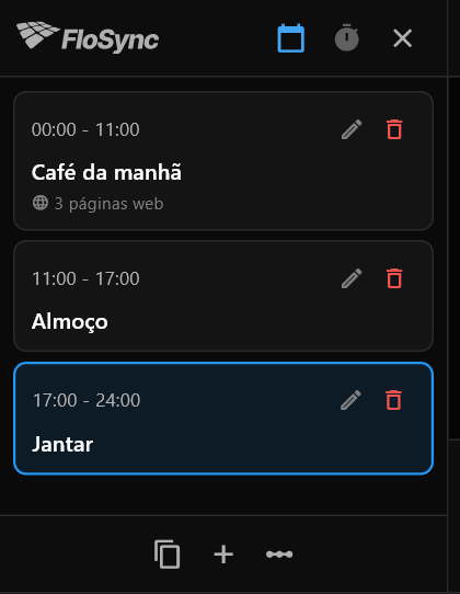 O painel de agendamento no modo Por horário mostrando as cenas Café da manhã, Almoço e Jantar e seus horários