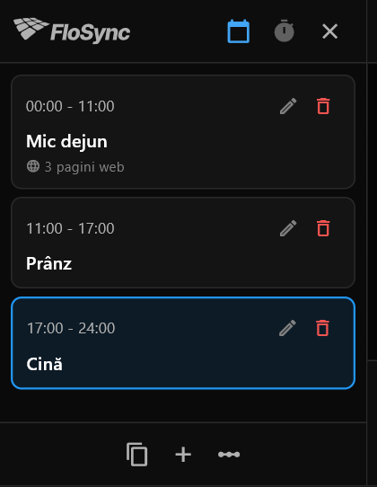 Panoul de programare în modul Orar arătând scenele Mic dejun, Prânz și Cină și orele lor