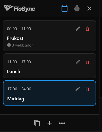 Schemapanelen i tid-på-dygnet-läge som visar scenerna Frukost, Lunch och Middag och deras tider