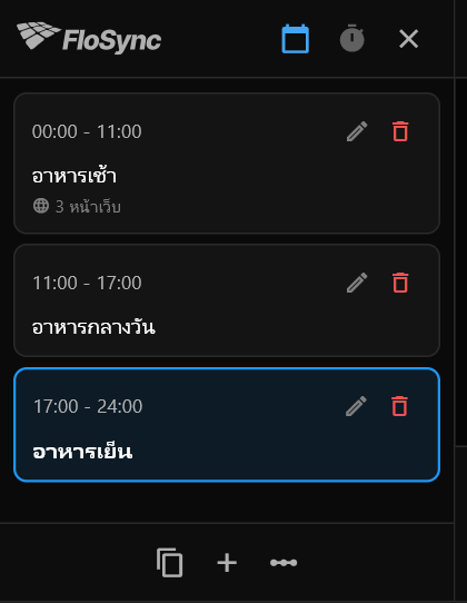 แผงตารางเวลาในโหมดตามเวลา แสดงฉากอาหารเช้า อาหารกลางวัน และอาหารเย็นพร้อมช่วงเวลาของแต่ละฉาก