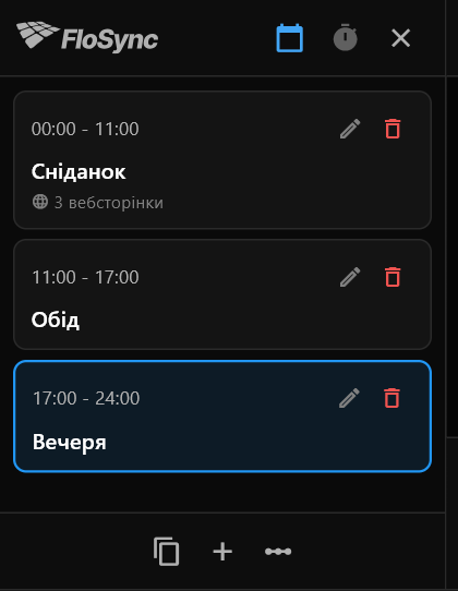 Панель розкладу в режимі За часом доби зі сценами Сніданок, Обід і Вечеря та їхніми годинами