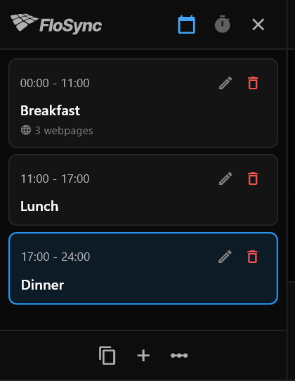 The schedule panel in Time-of-Day mode showing Breakfast, Lunch and Dinner scenes and their hours
