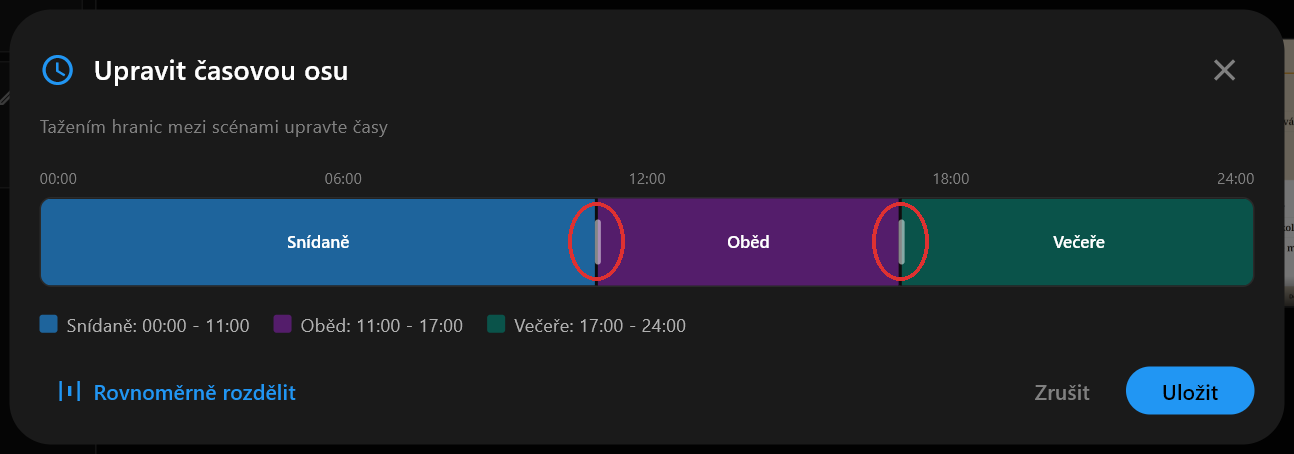 Dialog Upravit časovou osu zobrazující Snídani, Oběd a Večeři jako tři barevné úseky na 24hodinovém pruhu, s úchyty mezi nimi na 11:00 a 17:00
