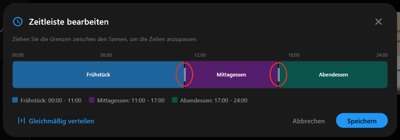 Der Dialog „Zeitleiste bearbeiten“ mit Frühstück, Mittagessen und Abendessen als drei farbigen Balken über einem 24-Stunden-Streifen, mit den Grenzen dazwischen auf 11 und 17 Uhr