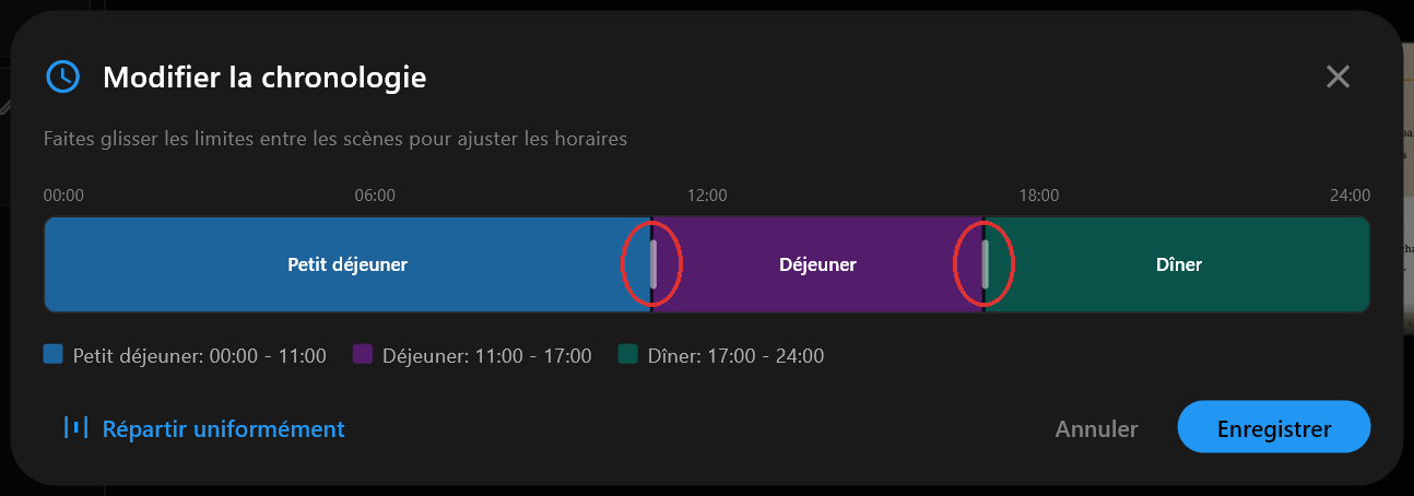 La boîte de dialogue Modifier la chronologie montrant Petit déjeuner, Déjeuner et Dîner sous forme de trois barres de couleur sur une bande de 24 heures, avec les poignées entre elles à 11h et 17h