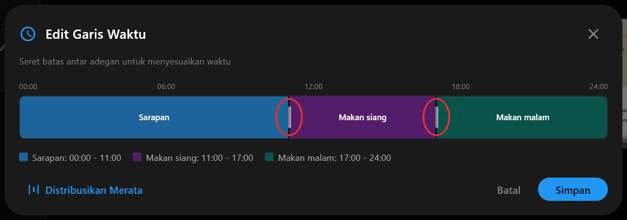 Kotak dialog Edit Garis Waktu menampilkan Sarapan, Makan siang, dan Makan malam sebagai tiga bar berwarna di sepanjang strip 24 jam, dengan batas di antaranya pada pukul 11:00 dan 17:00