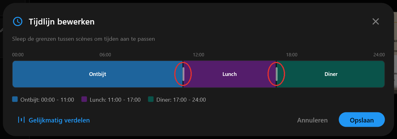 Het dialoogvenster Tijdlijn bewerken met Ontbijt, Lunch en Diner als drie gekleurde balken over een 24-uursstrook, met de handvatten ertussen op 11:00 en 17:00