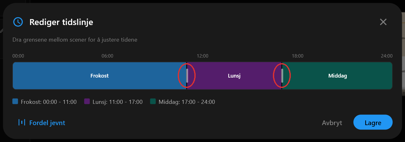 Dialogboksen Rediger tidslinje som viser Frokost, Lunsj og Middag som tre fargede søyler på en 24-timers stripe, med håndtakene mellom dem satt til 11:00 og 17:00