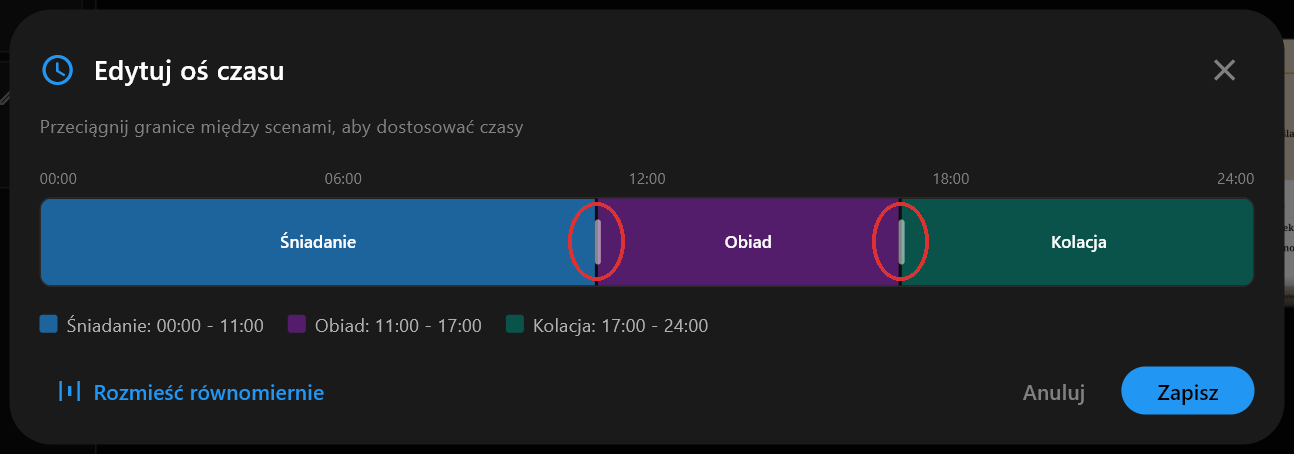 Okno Edytuj oś czasu pokazujące sceny Śniadanie, Obiad i Kolacja jako trzy kolorowe odcinki na 24-godzinnym pasku, z uchwytami między nimi ustawionymi na 11:00 i 17:00