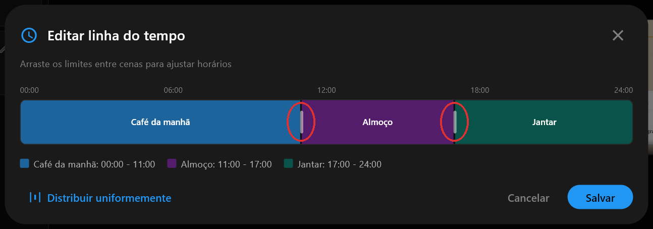 O diálogo Editar linha do tempo mostrando Café da manhã, Almoço e Jantar como três barras coloridas ao longo de uma faixa de 24 horas, com os limites entre elas às 11:00 e às 17:00